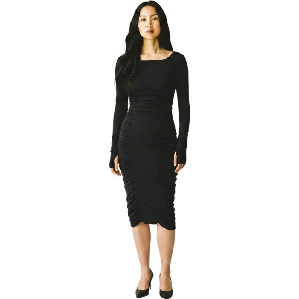 BCBGMaxAzria Janeeva Black Ruched Bodycon Mini Dress Size S Night Out LBD